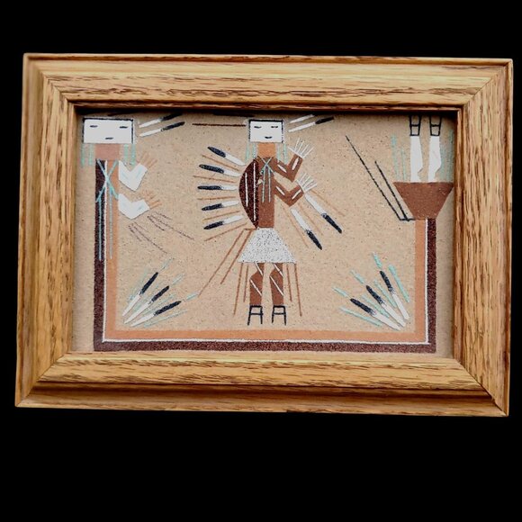 Navajo Sand Art "Rainbow Yei" By Lester Johnson In Oak Frame 7.5" - Picture 1 of 9